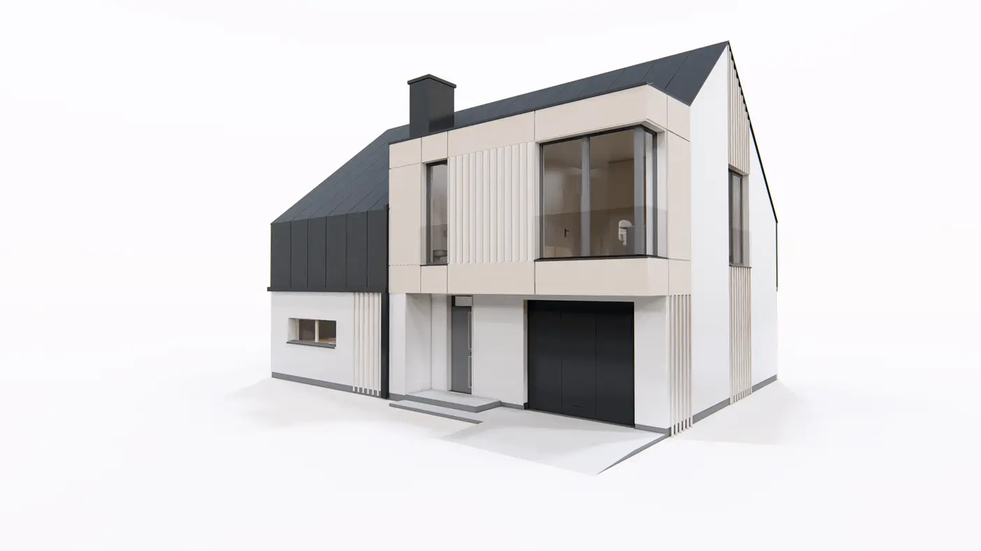 Home project  - Dom z poddaszem użytkowym, nowoczesną lukarną, garażem i schowkiem na rowery.