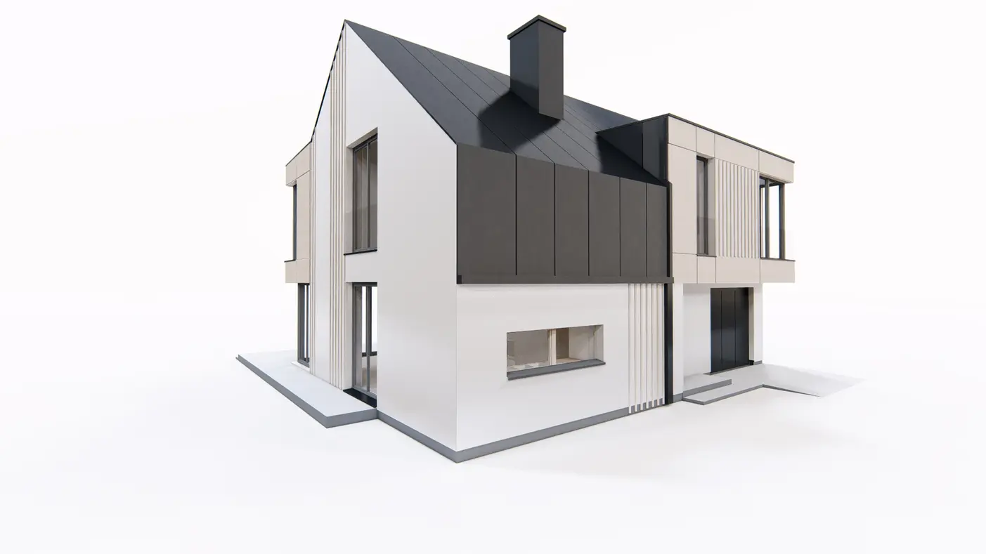 Home project  - Dom z poddaszem użytkowym, nowoczesną lukarną, garażem i schowkiem na rowery.