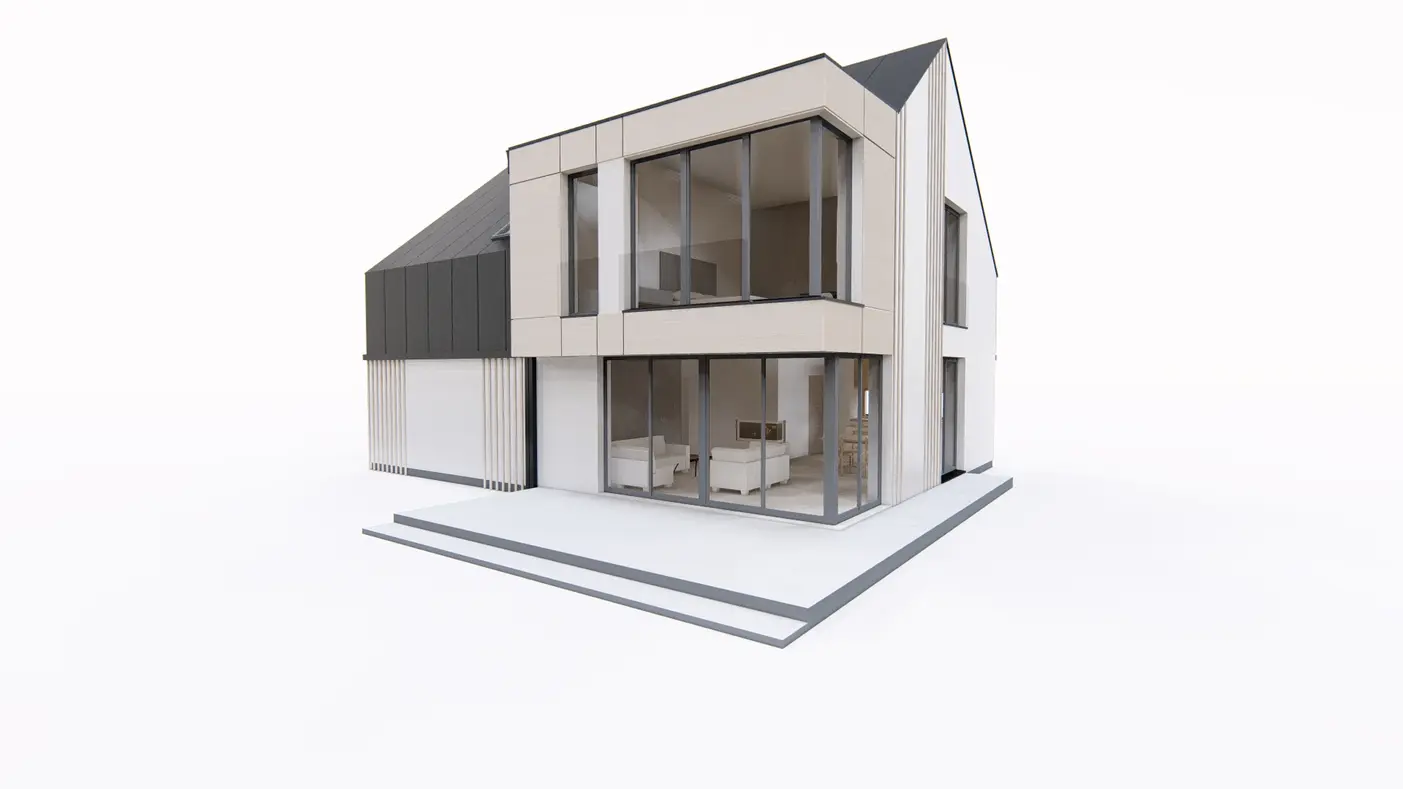 Home project  - Dom z poddaszem użytkowym, nowoczesną lukarną, garażem i schowkiem na rowery.