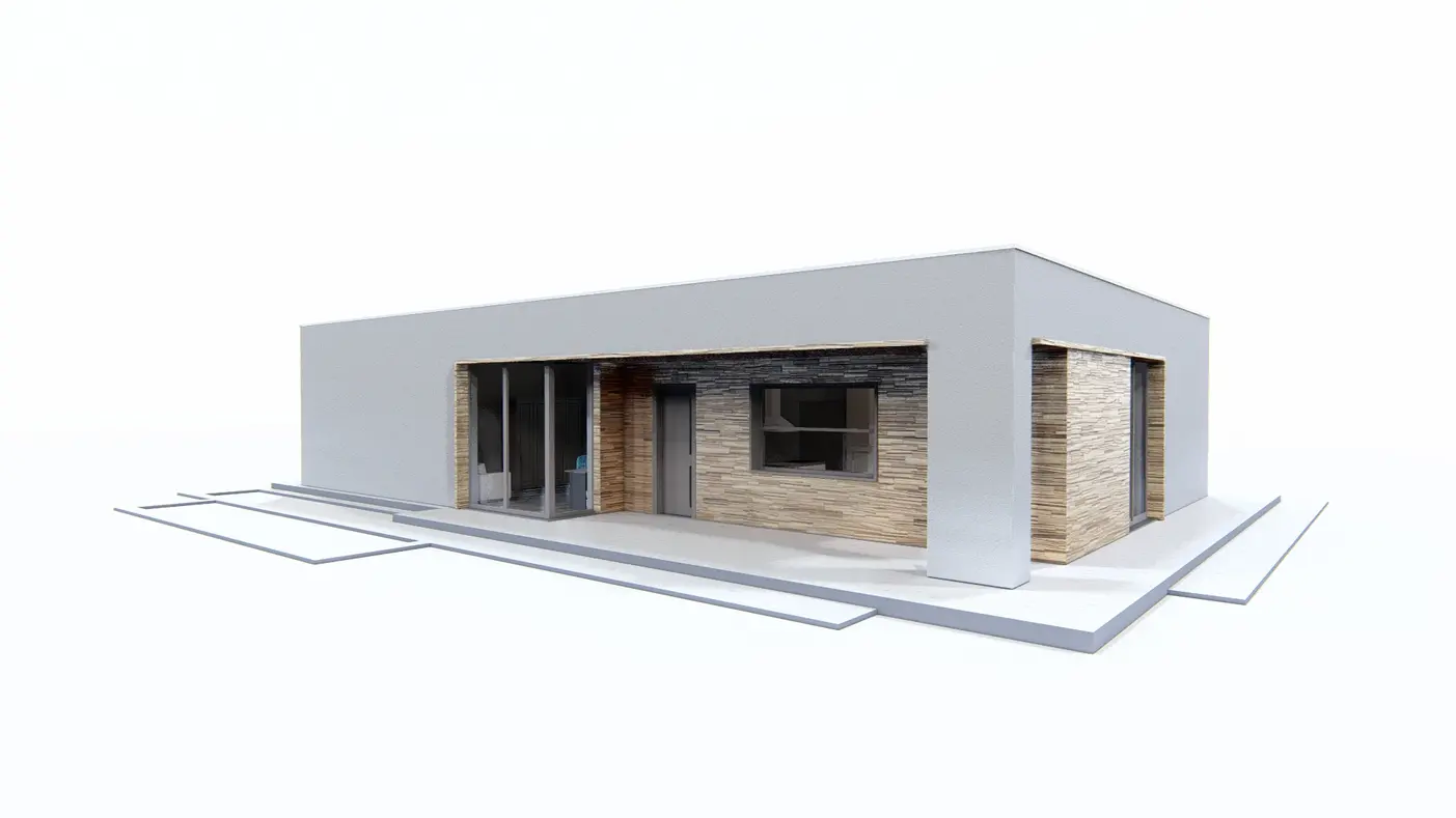 Home project  - Dom parterowy z płaskim dachem,trzema sypialniami, zadaszonym tarasem i wejściem