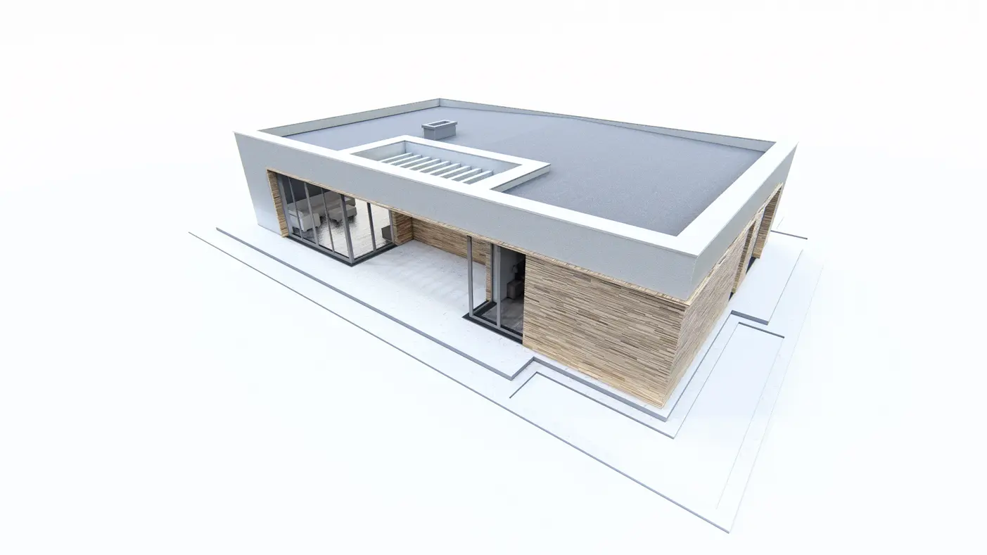 Home project  - Dom parterowy z płaskim dachem,trzema sypialniami, zadaszonym tarasem i wejściem