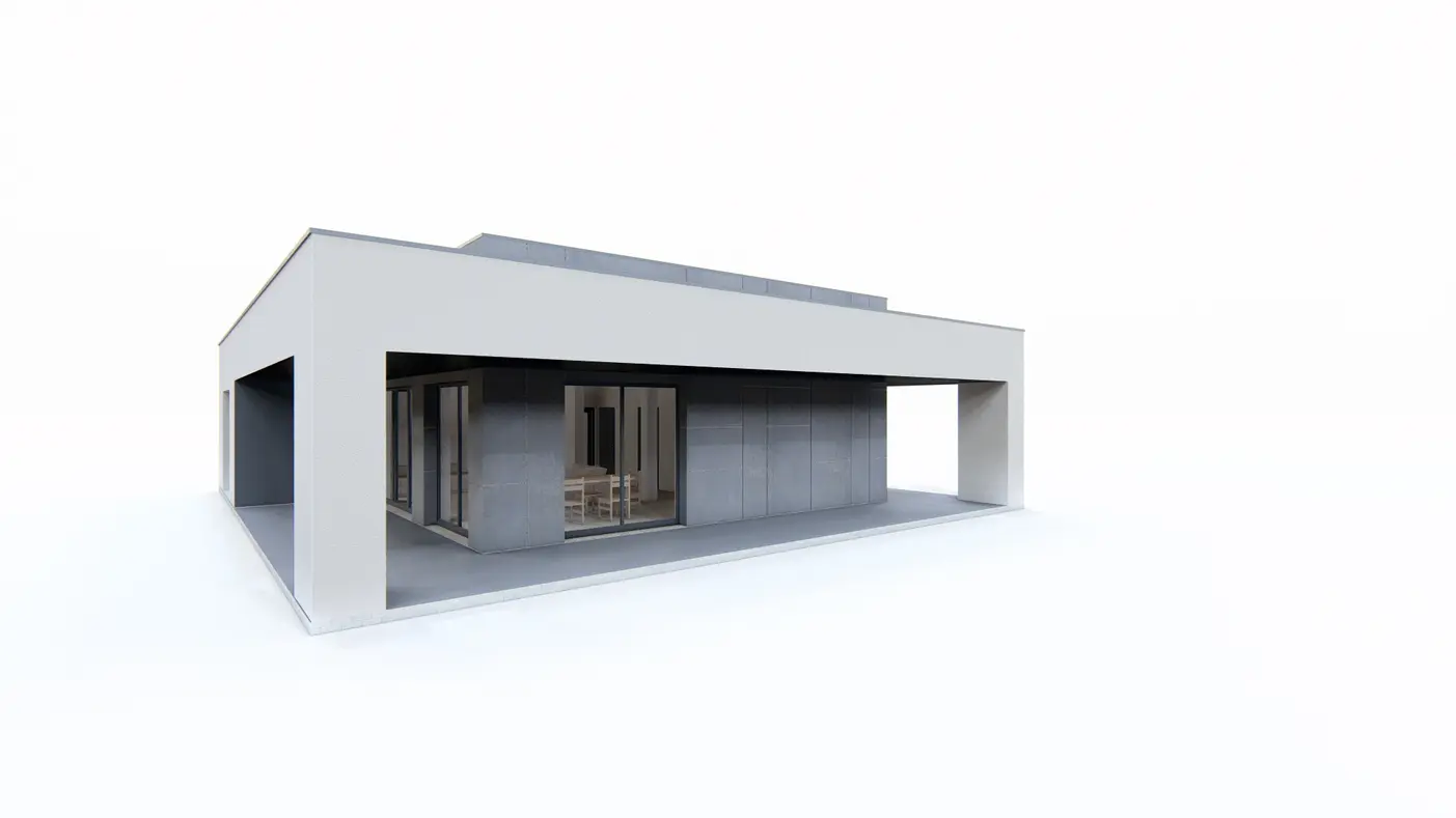 Home project  - Dom parterowy z podziałem na strefy, 3 sypialniami i dużym zadaszonym tarasem.