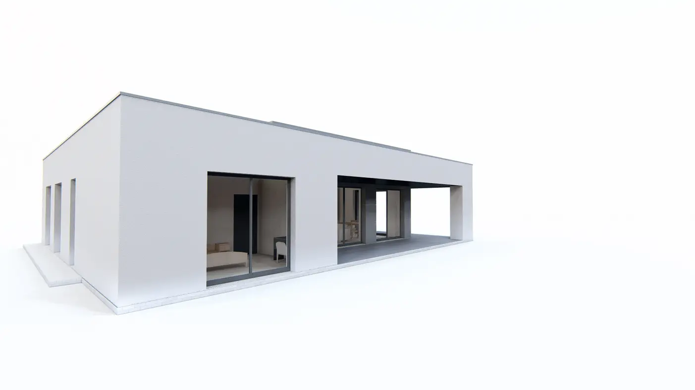 Home project  - Dom parterowy z podziałem na strefy, 3 sypialniami i dużym zadaszonym tarasem.