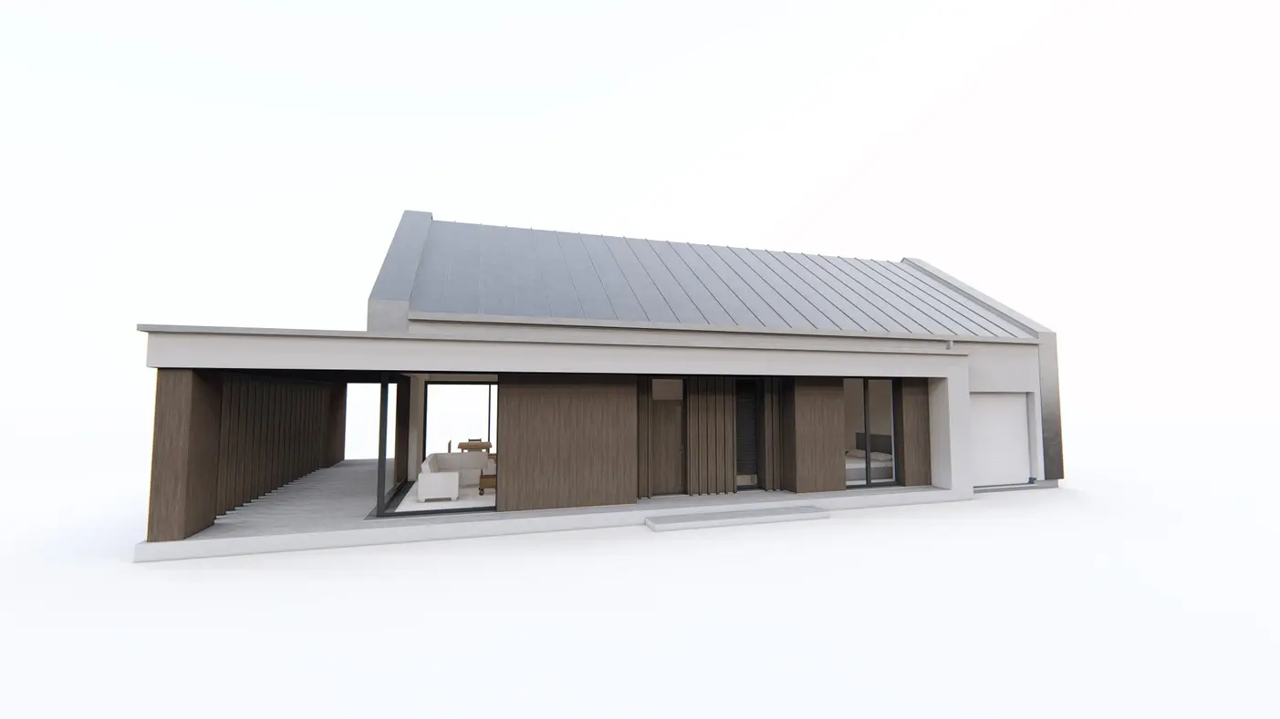Home project  - Parterowy dom z dachem 2-spadowym, 3 sypialniami oraz dużym zadaszonym tarasem.