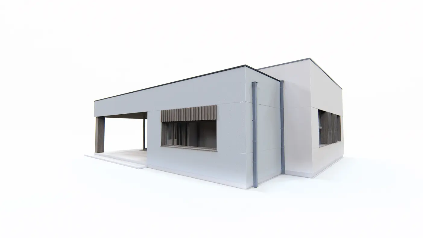 Home project  - Parterowy nowoczesny dom z 4 pokojami z salonem oraz zadaszonym tarasem.