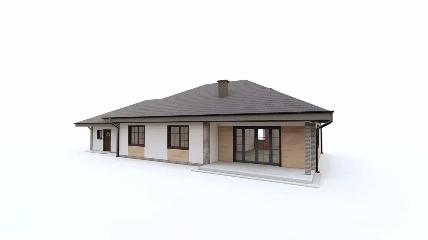 Home project  - Projekt domu parterowego z przestronnym salonem i garażem dwustanowiskowym.