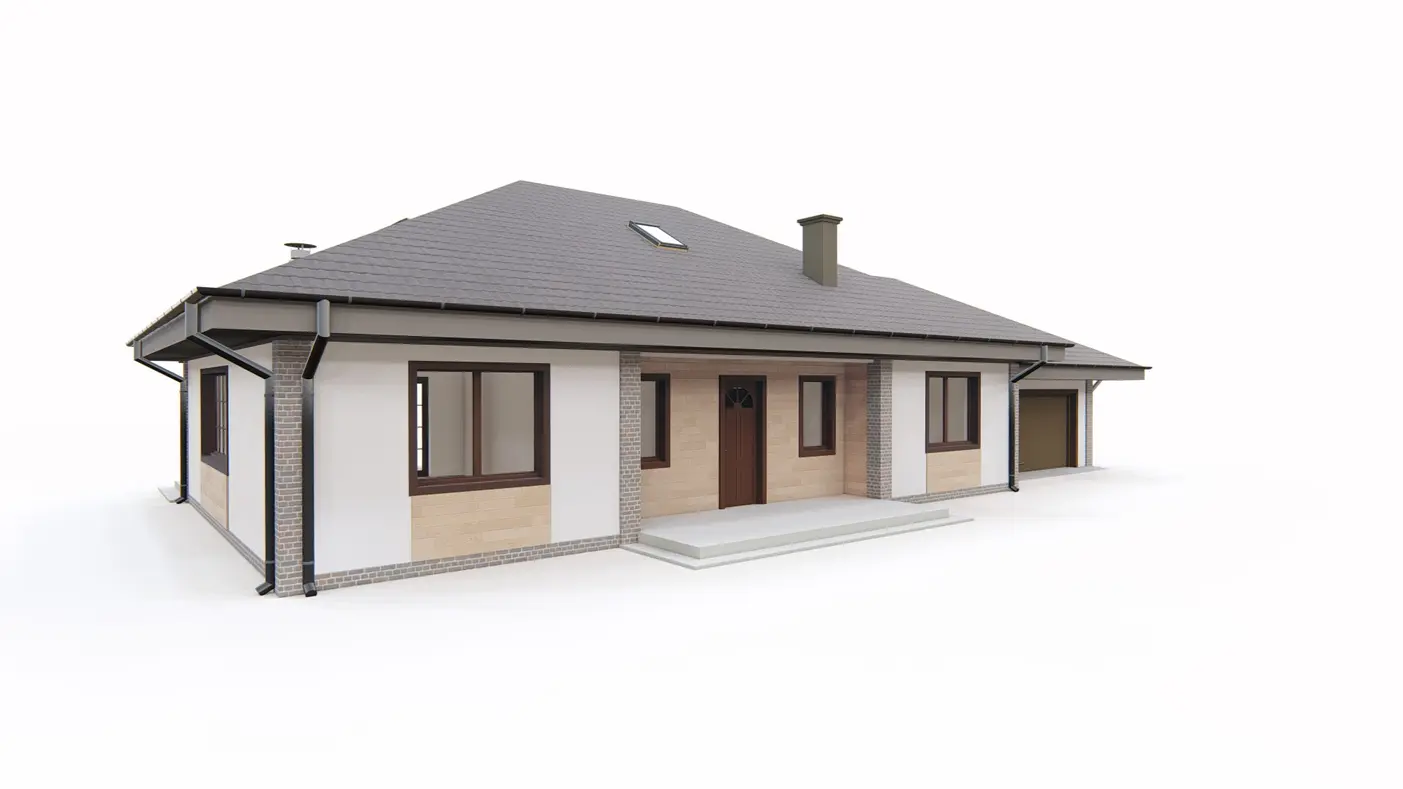 Home project  - Projekt domu parterowego z przestronnym salonem i garażem dwustanowiskowym.