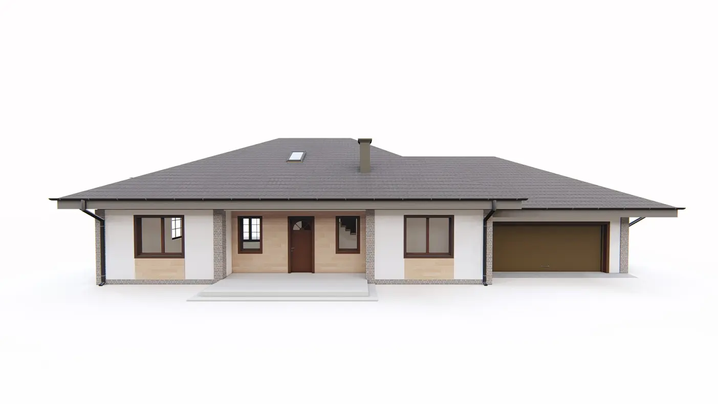 Home project  - Projekt domu parterowego z przestronnym salonem i garażem dwustanowiskowym.