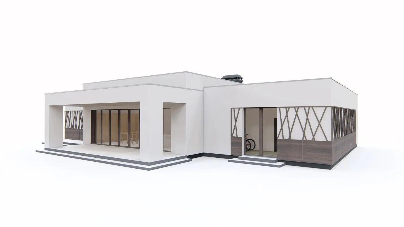Home project  - Parterowy dom, z płaskim dachem, zadaszonym tarasem i wejściem, 3 pokoje i garaż