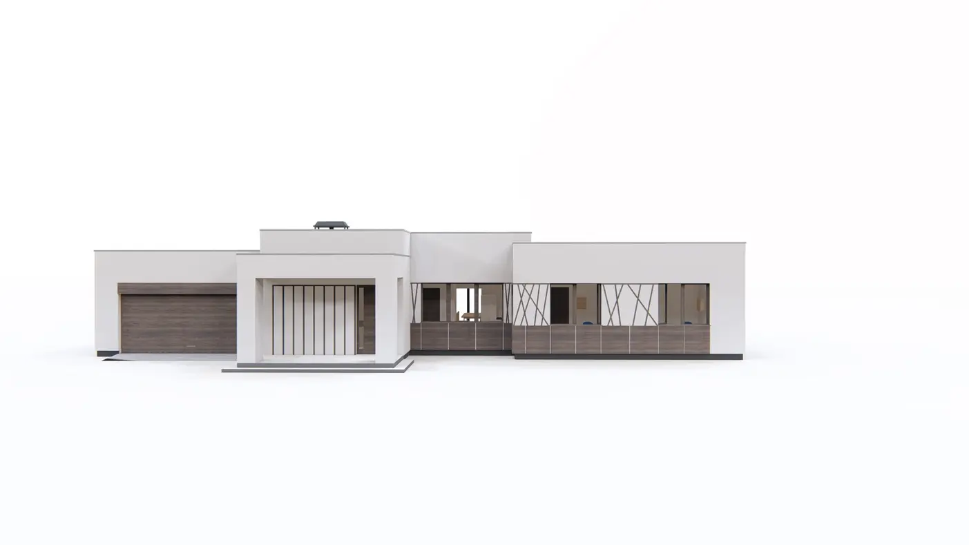 Home project  - Parterowy dom, z płaskim dachem, zadaszonym tarasem i wejściem, 3 pokoje i garaż