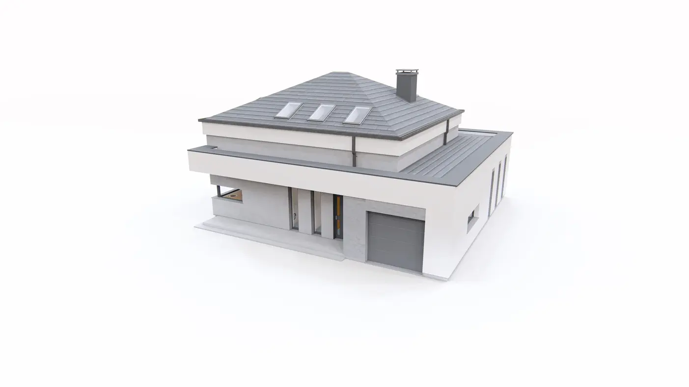 Home project  - Piętrowy dom z dachem kopertowym, garażem i gabinetem w parterze.