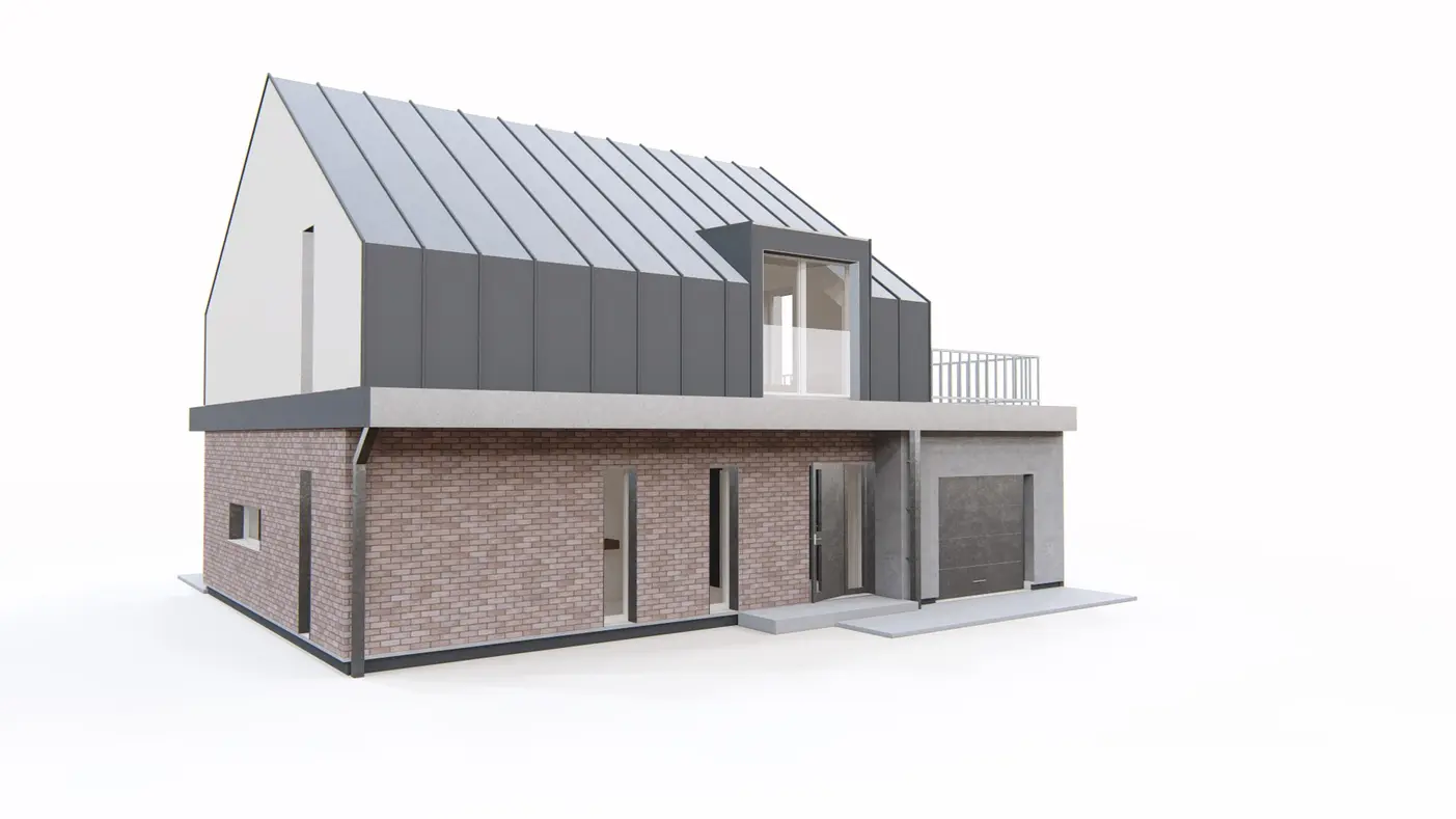 Home project  - Dom z poddaszem użytkowym, garażem oraz dużym tarasem na piętrze.