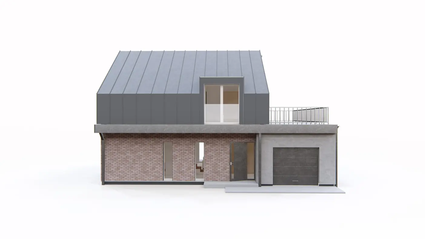 Home project  - Dom z poddaszem użytkowym, garażem oraz dużym tarasem na piętrze.