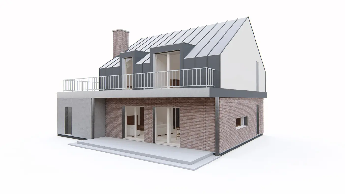 Home project  - Dom z poddaszem użytkowym, garażem oraz dużym tarasem na piętrze.