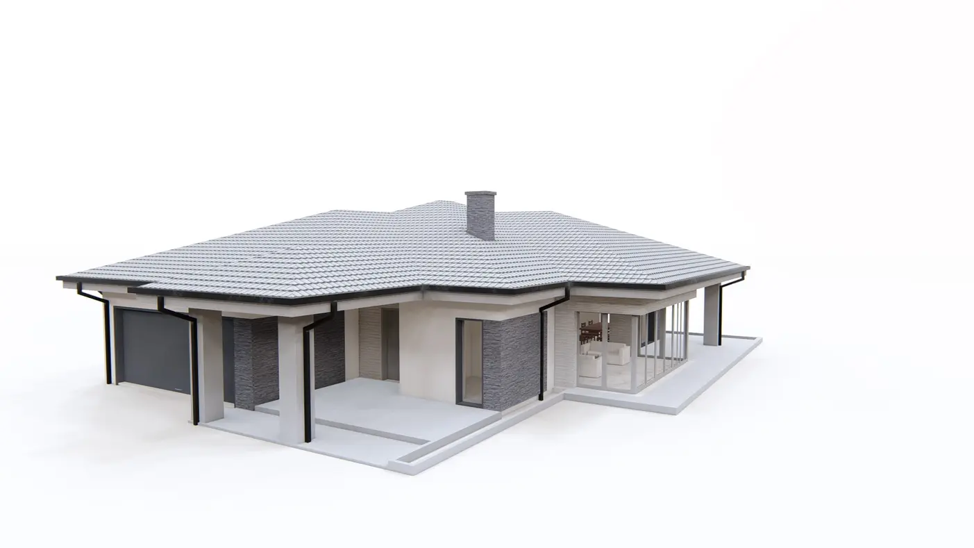 Gotowy projekt domu  - Dom parterowy, z garażem 2stanowiskowym kuchnia od ogrodu i bocznym salonem.