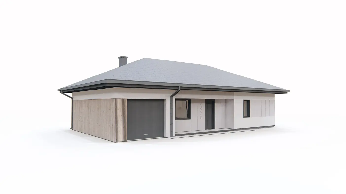 Home project  - Dom parterowy z garażem jednostanowiskowym, dachem kopertowym i 3 sypialniami.