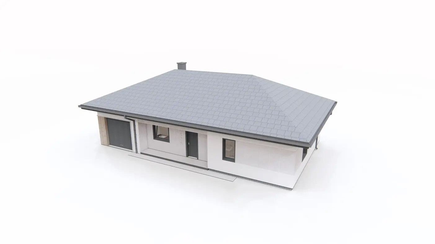 Home project  - Dom parterowy z garażem jednostanowiskowym, dachem kopertowym i 3 sypialniami.