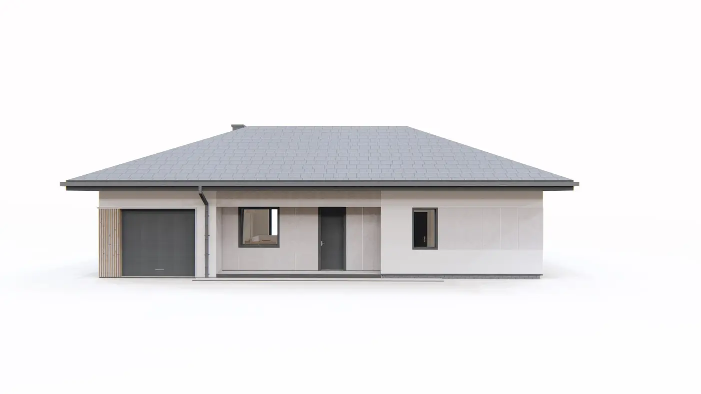 Home project  - Dom parterowy z garażem jednostanowiskowym, dachem kopertowym i 3 sypialniami.