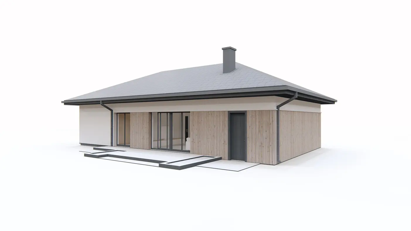 Home project  - Dom parterowy z garażem jednostanowiskowym, dachem kopertowym i 3 sypialniami.