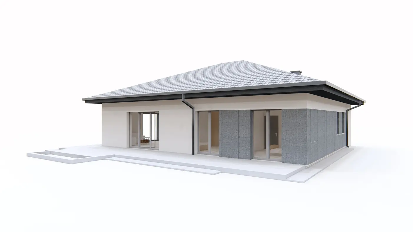 Home project  - Dom parterowy z garażem 1-stanowiskowym, dachem kopertowym i dwoma sypialniami.