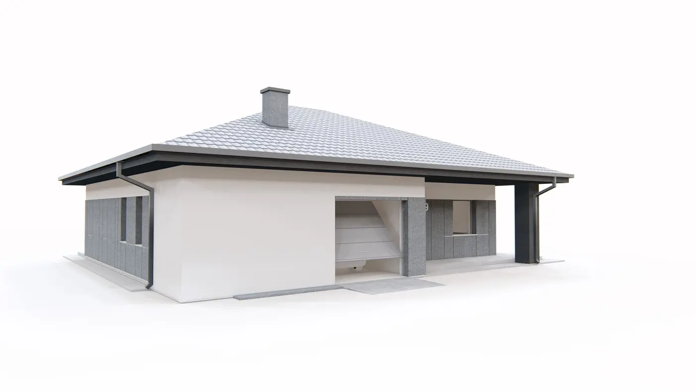 Home project  - Dom parterowy z garażem 1-stanowiskowym, dachem kopertowym i dwoma sypialniami.