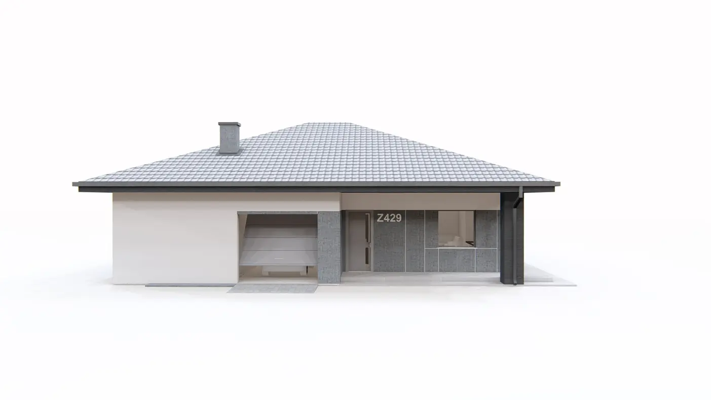 Home project  - Dom parterowy z garażem 1-stanowiskowym, dachem kopertowym i dwoma sypialniami.