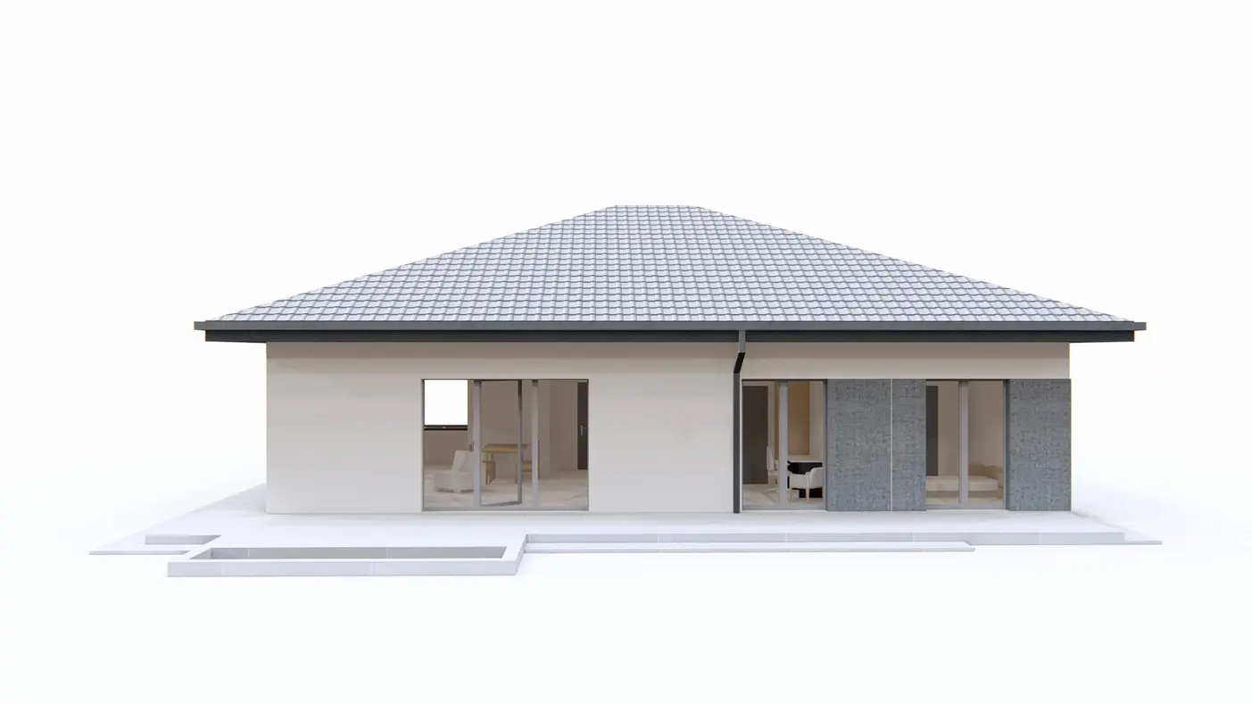 Home project  - Dom parterowy z garażem 1-stanowiskowym, dachem kopertowym i dwoma sypialniami.