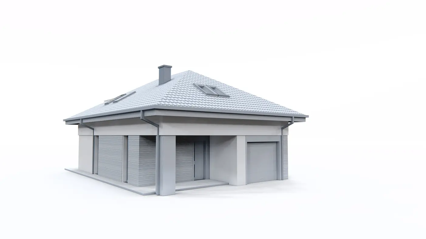 Home project  - Dom z poddaszem użytkowym, kopertowym dachem i garażem jednostanowiskowym.