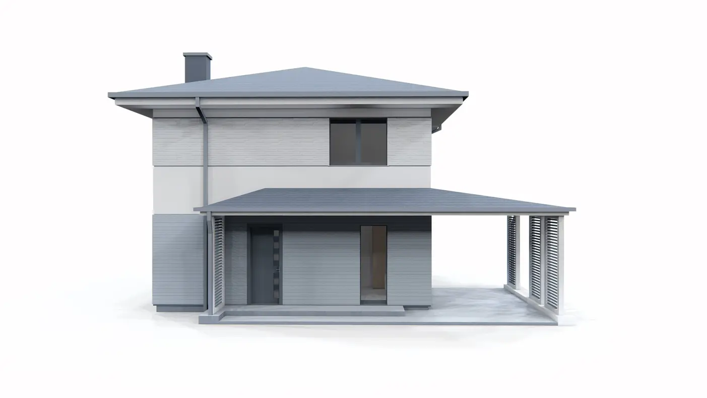 Home project  - Piętrowy dom na planie prostokąta z z pełnym piętrem i wiatą na samochód.
