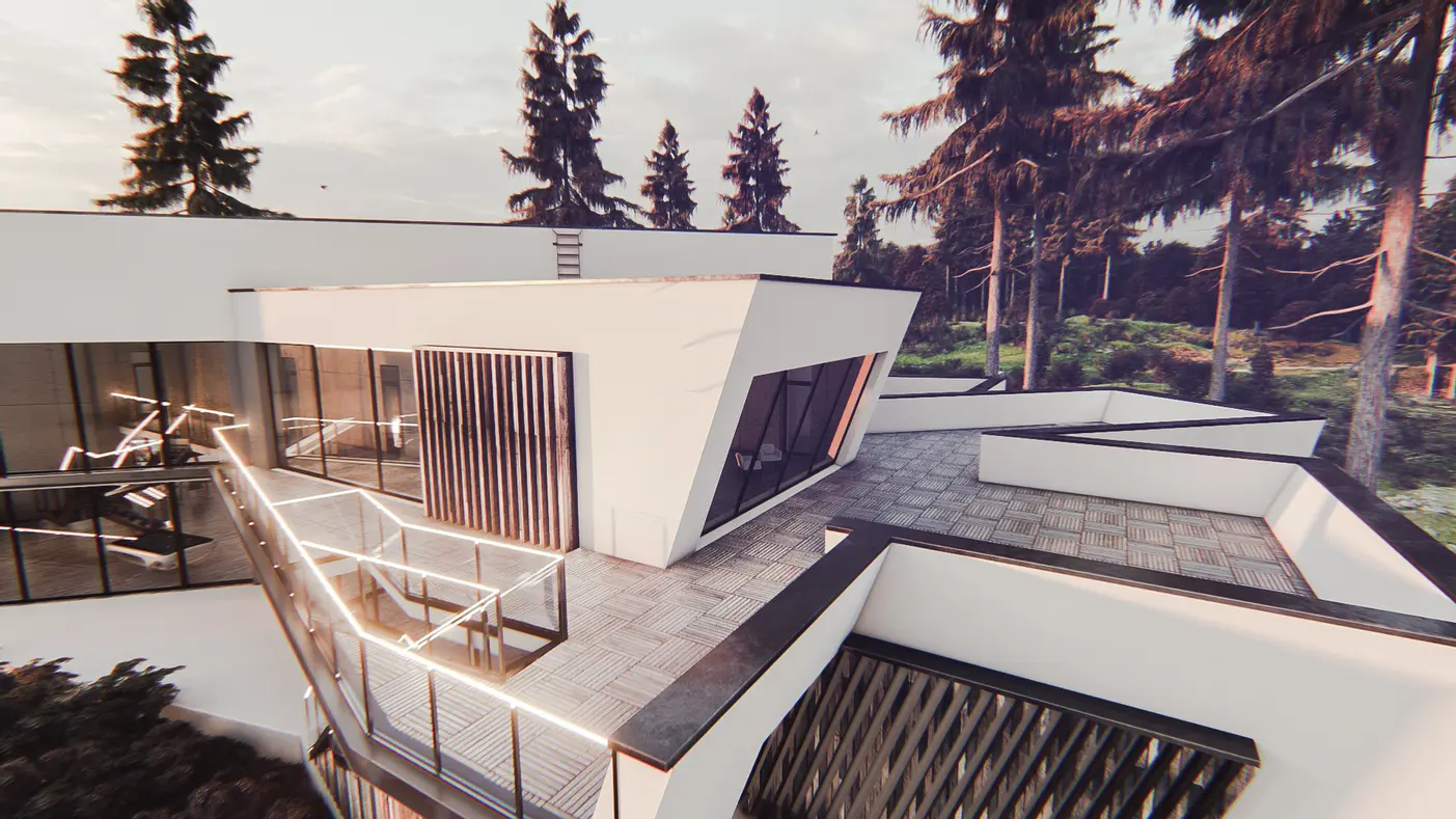 Home project  - Futurystyczna rezydencja ze 100 metrowym salonem oraz dużymi przeszkleniami.