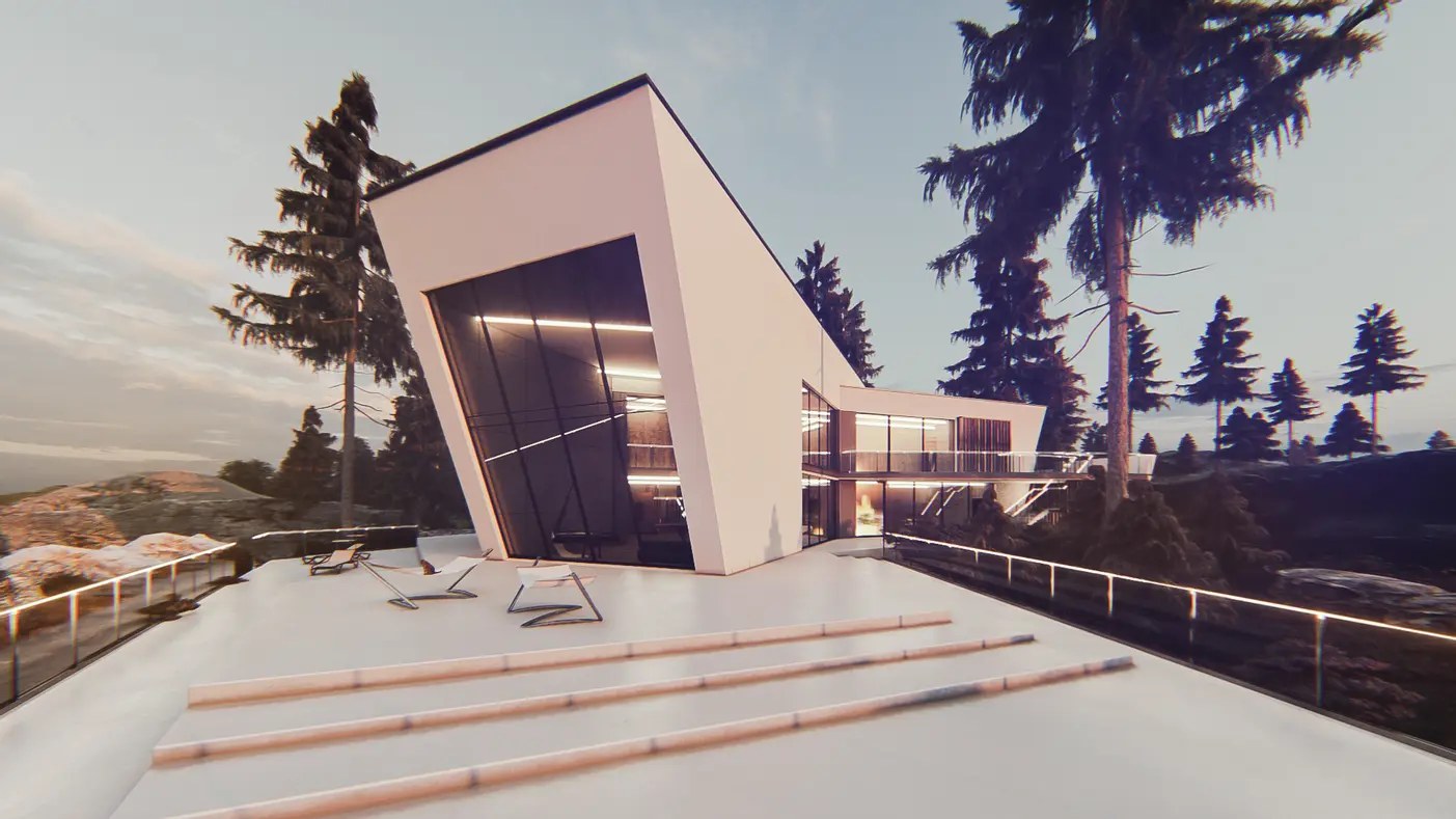 Home project  - Futurystyczna rezydencja ze 100 metrowym salonem oraz dużymi przeszkleniami.