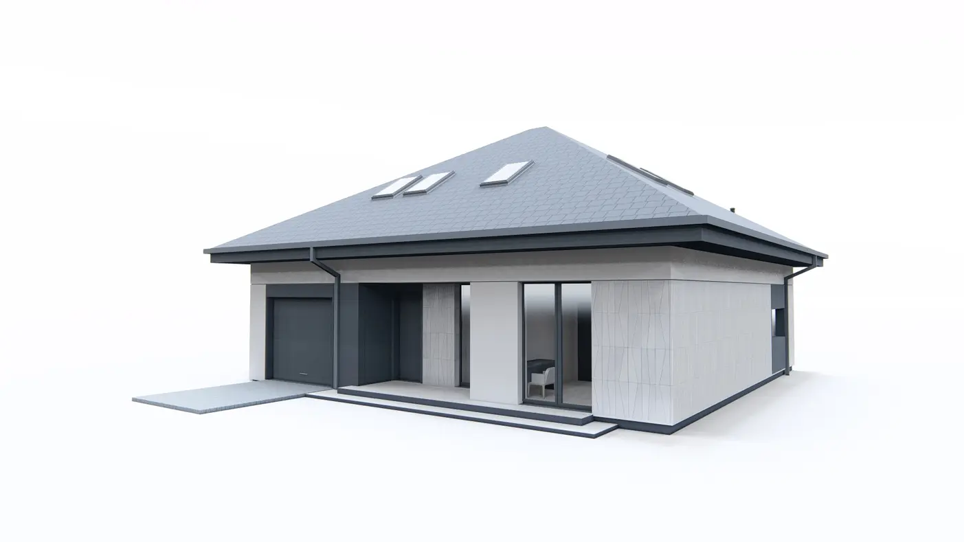 Home project  - Dom z poddaszem uzytkowym, dachem kopertowym i garażem jednostanowiskowym.