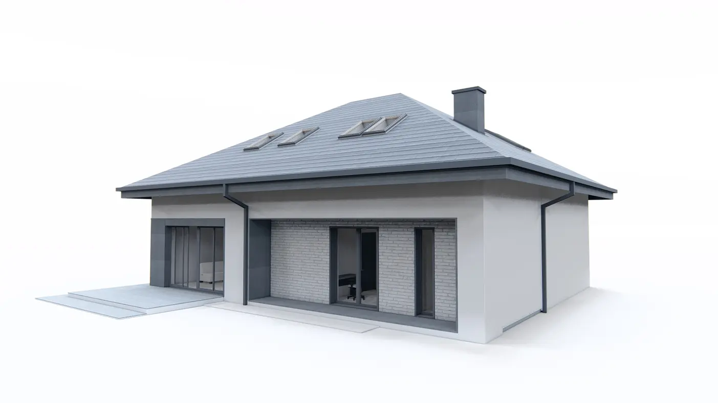 Gotowy projekt domu  - Parterowy dom z poddaszem użytkowym, garażem oraz dachem kopertowym.
