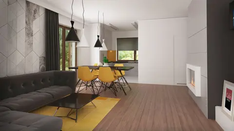 gotowy projekt domu Z334 D – aranżacja wnętrz, Dom parterowy z dachem dwuspadowym, 3 sypialniami i przestronną strefą dzienną.