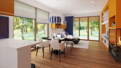 home project Z308 – interior arrangement, Mały, parterowy dom z prostym dwuspadowym dachem z ogrzewaniem na paliwo stałe. 