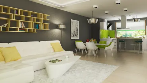 home project Zx128 – interior arrangement, Dom atrialny, z garażem dwustanowiskowym, 4 sypialniami i dużymi przeszkleniami.