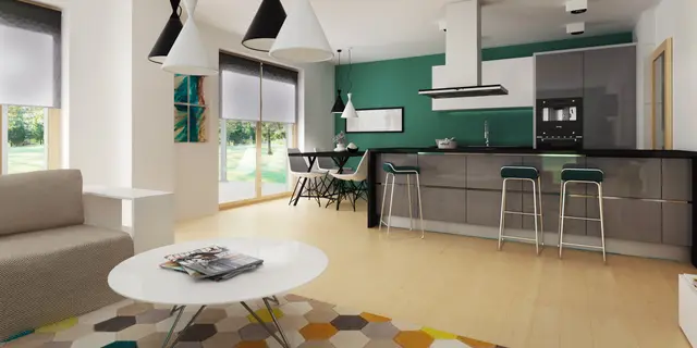 gotowy projekt domu Z329 – aranżacja wnętrz, Parterowy dom na wąską działkę < 16 m o powierzchni użytkowej ok. 84 m2