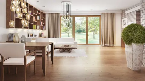 home project Z94 – interior arrangement, Parterowy dom z dachem kopertowym z frontowym garażem na dwa samochody.