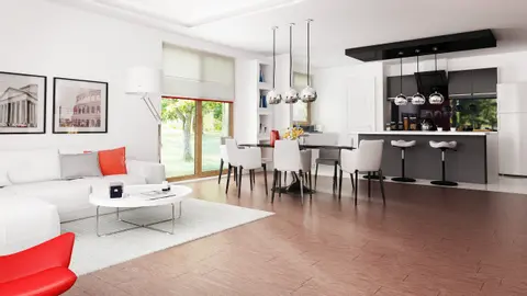 home project Z52 D – interior arrangement, Funkcjonalny parterowy dom z dużym salonem i garażem dwustanowiskowym.