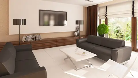 home project Z123 D – interior arrangement, Parterowy dom z obszerną strefą dzienną, bocznym garażem i kopertowym dachem.