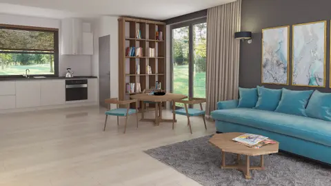 gotowy projekt domu Z332 D – aranżacja wnętrz, Parterowy, tradycyjny dom w konstrukcji drewnianej z dachem kopertowym do 100m2.