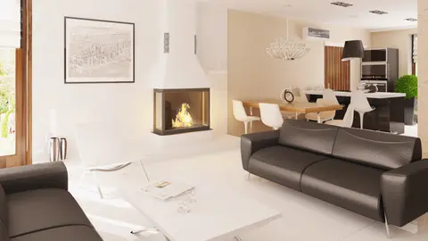 home project Z123 – interior arrangement, Parterowy dom z obszerną strefą dzienną, bocznym garażem i kopertowym dachem.