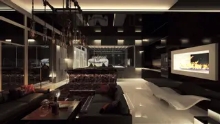 home project Zx188 – interior arrangement, A modern one-story house with a glass garage visible from the living room