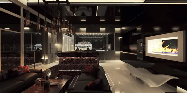 home project Zx188 – interior arrangement, A modern one-story house with a glass garage visible from the living room