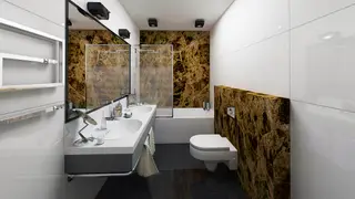 home project Zx188 – interior arrangement, A modern one-story house with a glass garage visible from the living room