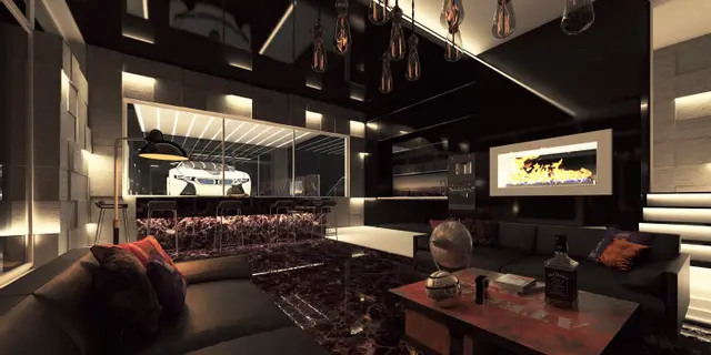 home project Zx188 – interior arrangement, A modern one-story house with a glass garage visible from the living room