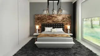 home project Zx188 – interior arrangement, A modern one-story house with a glass garage visible from the living room