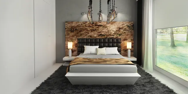 home project Zx188 – interior arrangement, A modern one-story house with a glass garage visible from the living room