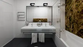 home project Zx188 – interior arrangement, A modern one-story house with a glass garage visible from the living room
