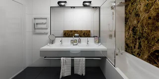 home project Zx188 – interior arrangement, A modern one-story house with a glass garage visible from the living room